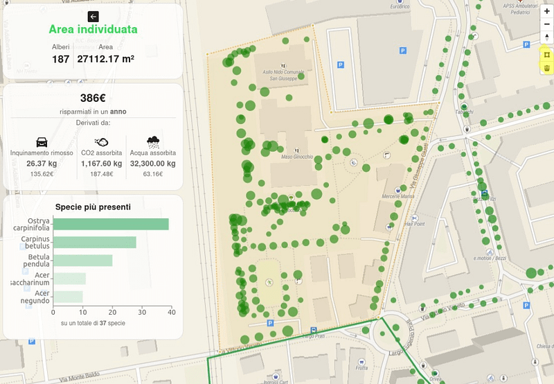 i benefici ambientali degli alberi di Trento in euro