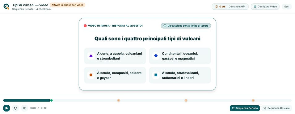 Il video in pausa mostra una domanda alla classe