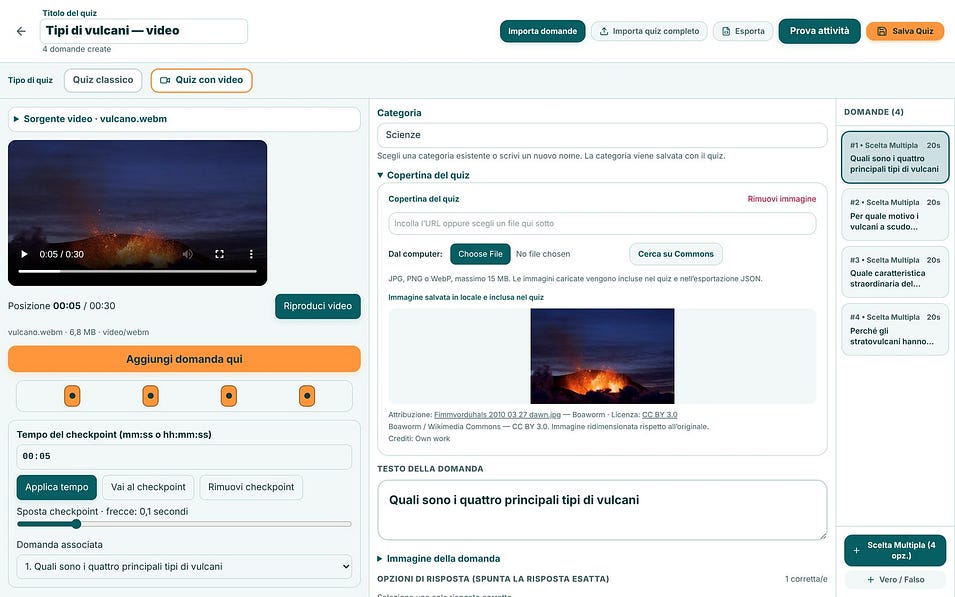 L’editor del quiz con video e i punti di pausa sulla linea del tempo