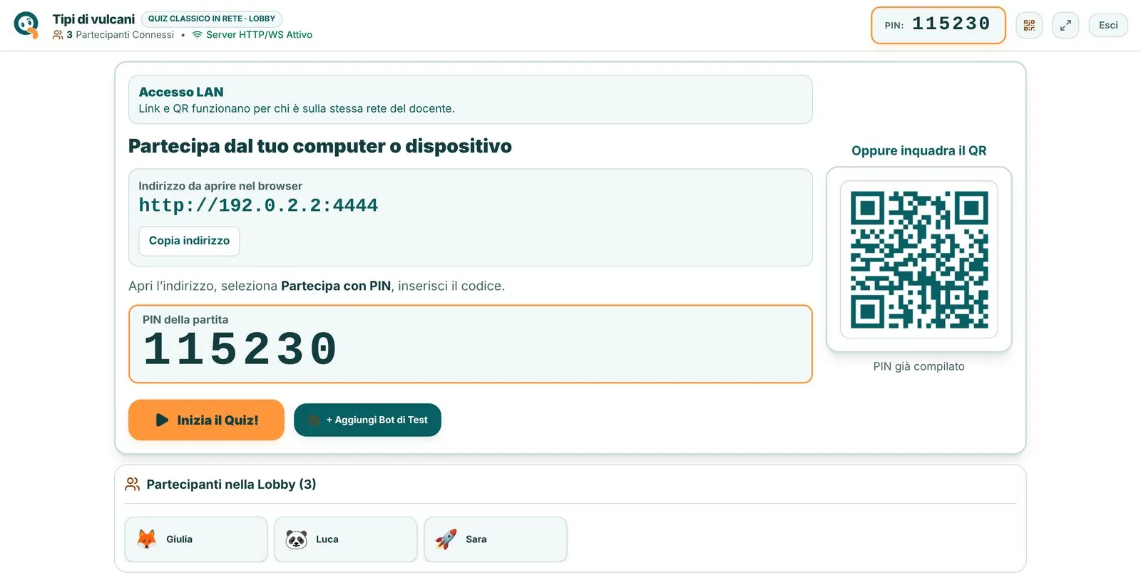 La schermata del docente con indirizzo, PIN, QR code e partecipanti