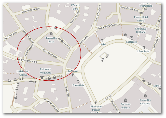 Siena - zona piazza del Campo  OpenStreetMap - Humanitarian Rendering